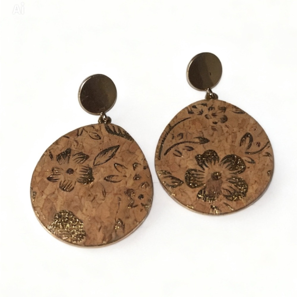 Round Floral Drop Earrings - Brown with Gold Accents